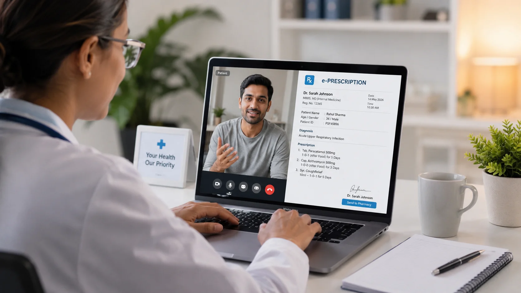 Clinician on a laptop conducting a video consultation with a patient; an e‑prescription is visible on the clinician’s screen.