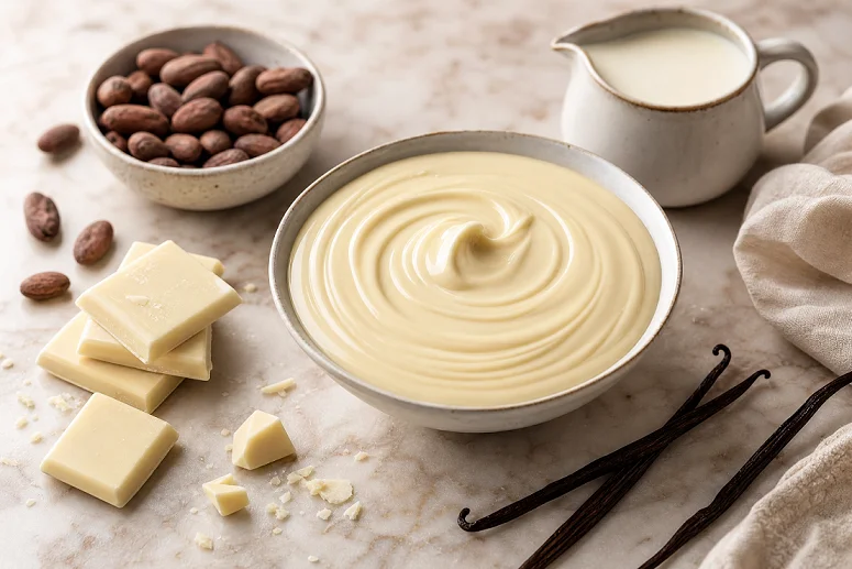 Pieces of white chocolate with cocoa butter, vanilla, and cream beside a bowl of melted chocolate