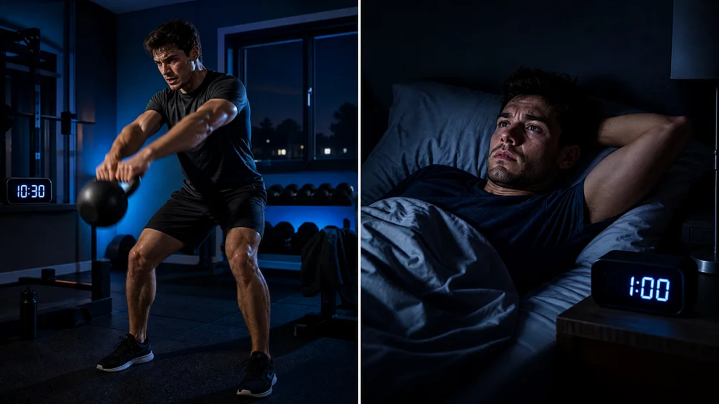 A professional split-screen illustration showing a person performing a high-intensity kettlebell workout at 10:30 PM (left) and the same person lying awake and frustrated in bed at 1:00 AM (right), highlighting the impact of late-night exercise on sleep onset.