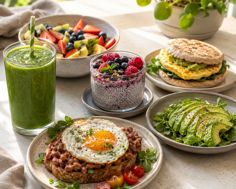 A selection of healthy breakfasts, including green smoothies, chia pudding, eggs, beans on toast, and fresh fruit.
