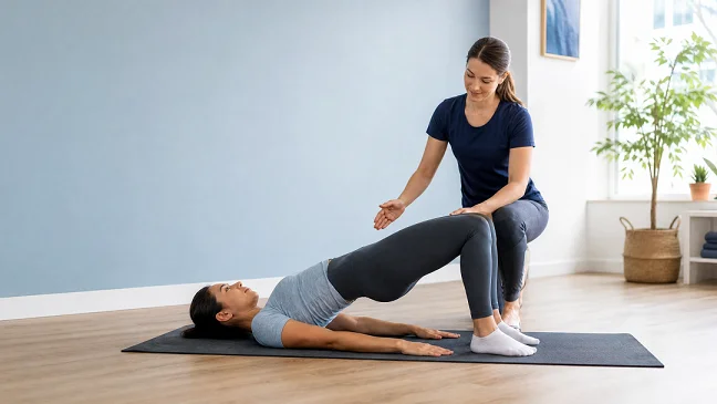 An adult performing a controlled glute bridge while a fitness professional provides guidance in a bright studio