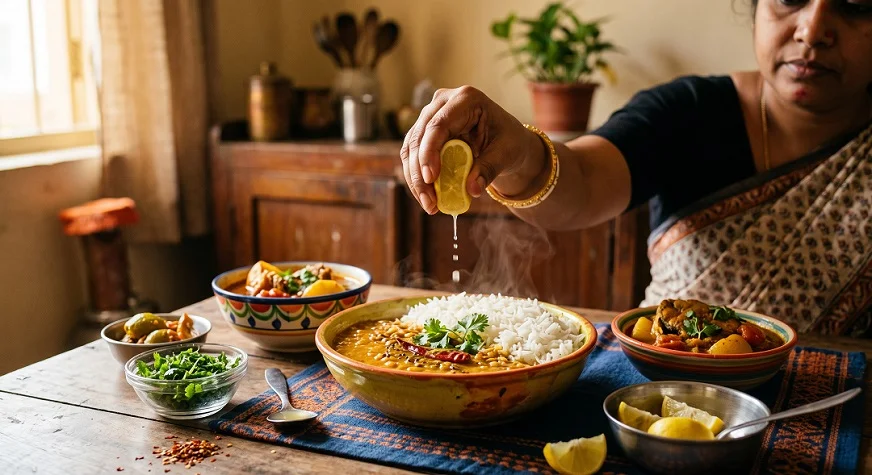 Fresh lemon being squeezed over warm rice and dal beside a bowl of fish curry on a home dining table.
