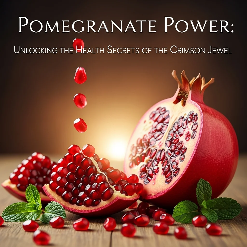 A halved pomegranate surrounded by ruby-red arils on a wooden surface