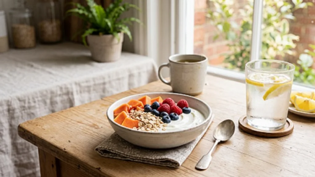 Yogurt, ripe papaya, oats, berries, and lemon water arranged on a bright breakfast table.