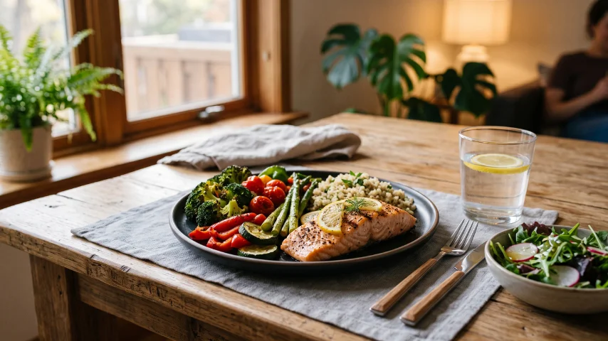 Balanced dinner with vegetables, protein, whole grains, and water arranged on a dining table in soft evening light.