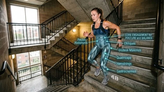 Close-up of a person's legs in athletic shoes taking a step up on a concrete staircase, with focus on the calf and thigh muscles