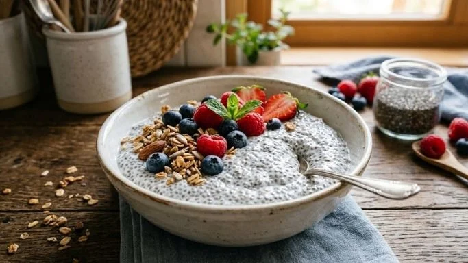 A white ceramic bowl filled with thick Greek yogurt topped with chia seeds, fresh blueberries, and a drizzle of honey on a light wooden surface