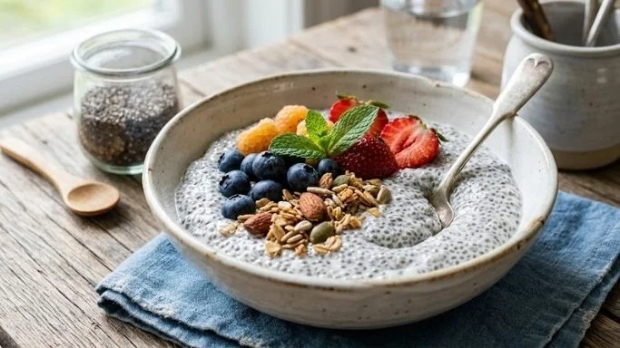 A small wooden spoon heaped with raw black and white chia seeds against a clean white background, showing the tiny seeds in detail