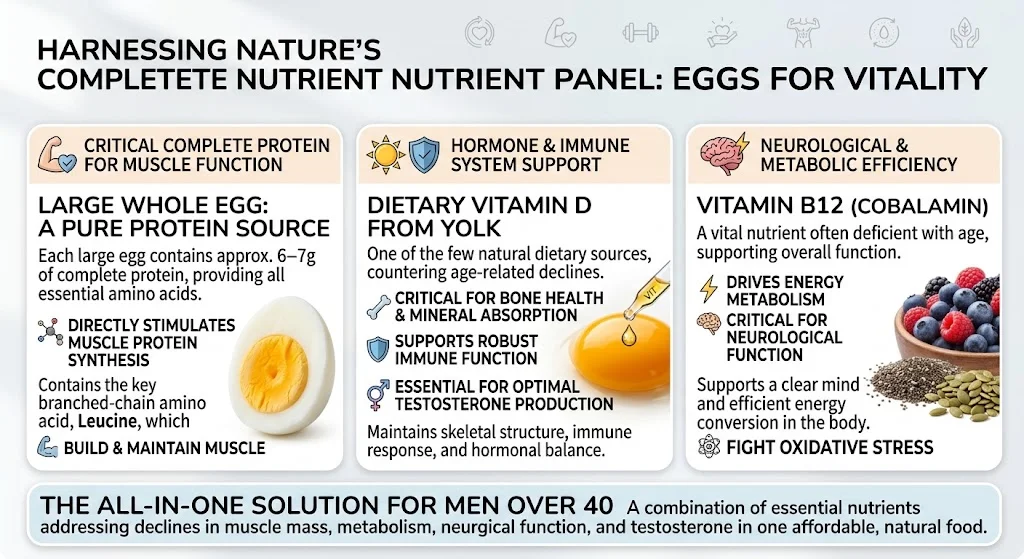 A well-composed plate of food for men's health after 40, featuring a grilled salmon fillet, two boiled eggs, sliced avocado, dark leafy greens, and a handful of mixed nuts on a wooden table