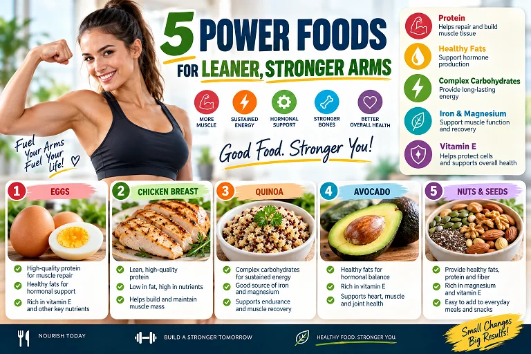 A flat lay of high-protein muscle-building foods including boiled eggs, grilled chicken breast, a handful of almonds, cooked chickpeas, and fresh spinach leaves arranged on a white surface